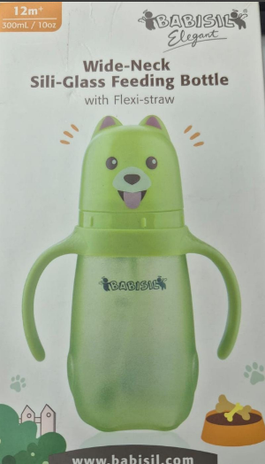 寬口徑矽膠防護玻璃吸管奶瓶300ml - 綠小狗